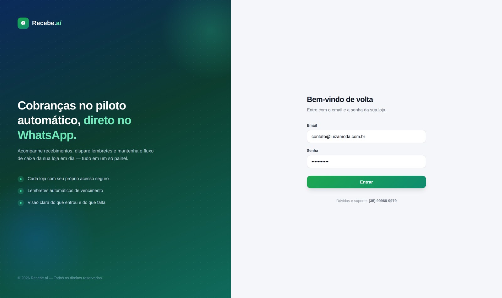 Tela de login do Recebe.aí com campo de email e senha da loja