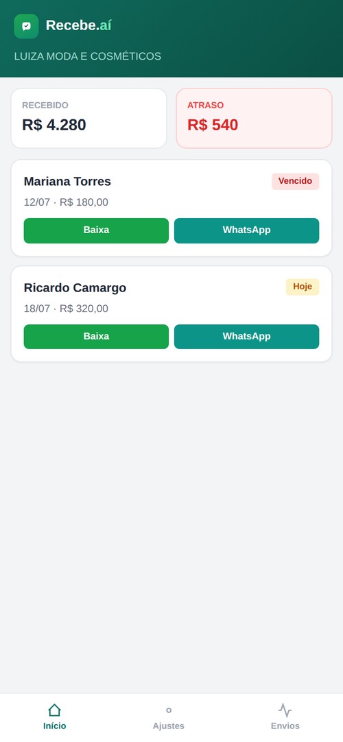 Versão mobile do painel do Recebe.aí mostrando cobranças de clientes no celular
